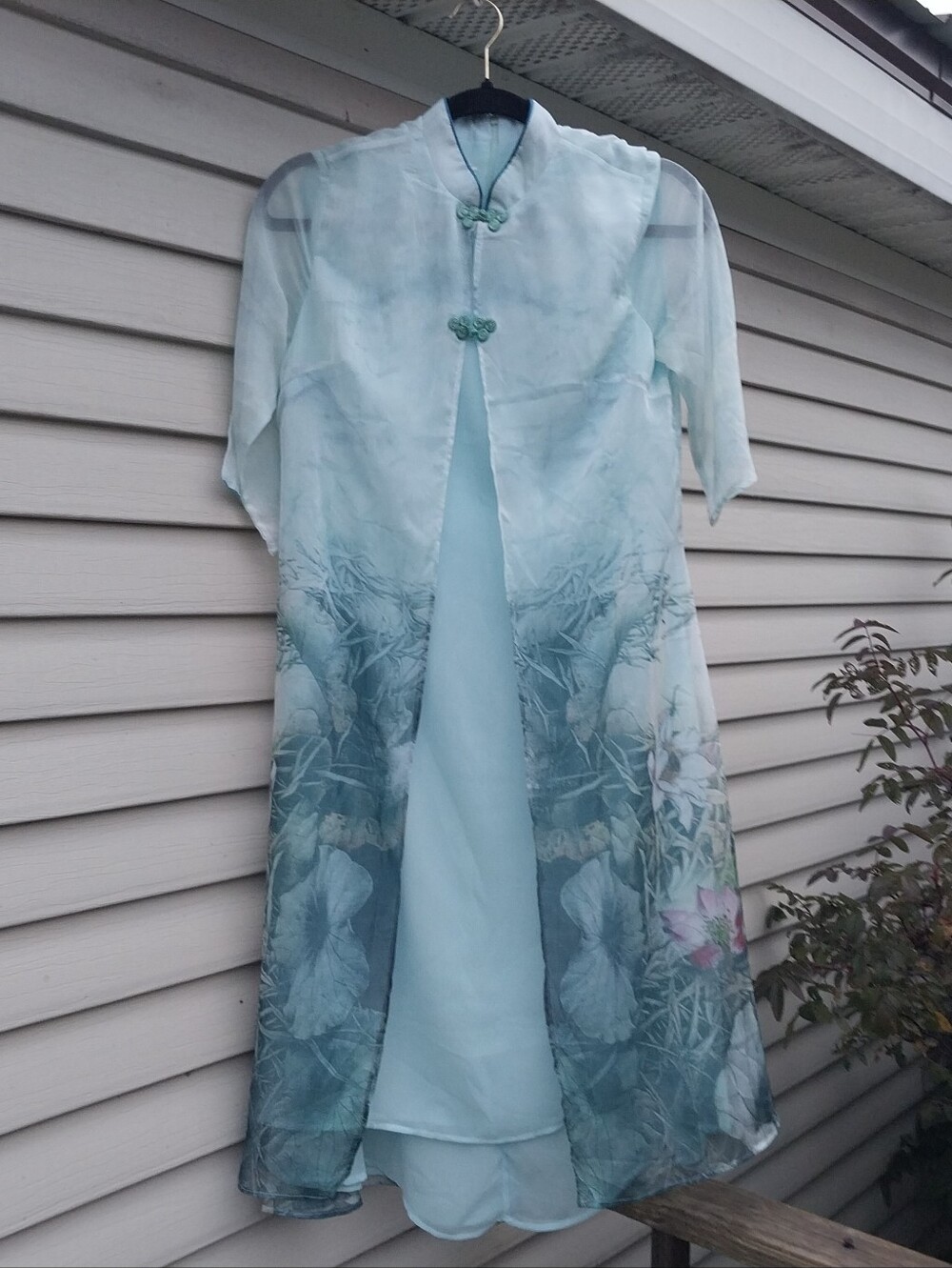 Chankcu Light Aqua Floral Chiffon Overlay Dress Ladies Size Small